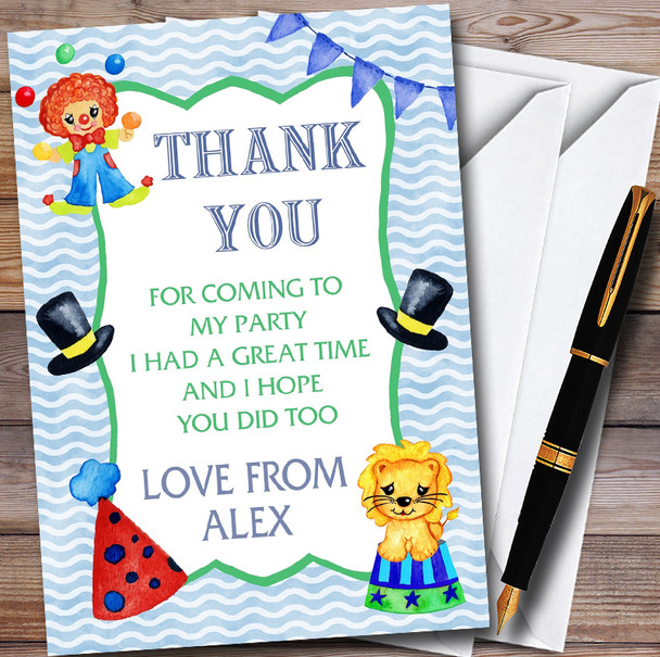 Watercolour Boys Circus Customised Children's Birthday Party Thank You Cards