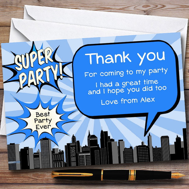 Blue Comic Superhero Customised Children's Birthday Party Thank You Cards