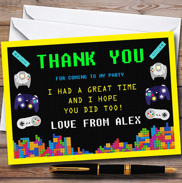 Video Gaming Yellow Customised Children's Birthday Party Thank You Cards