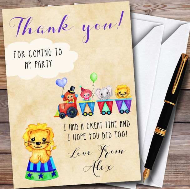 Cute Watercolour Circus Animals Children's Birthday Party Thank You Cards