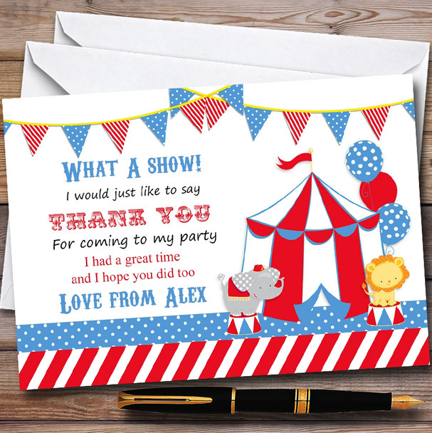 Red & Blue Circus Elephant Lion Children's Birthday Party Thank You Cards
