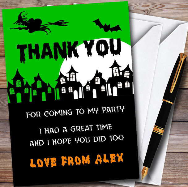 Green Scary Haunted Houses Customised Halloween Party Thank You Cards