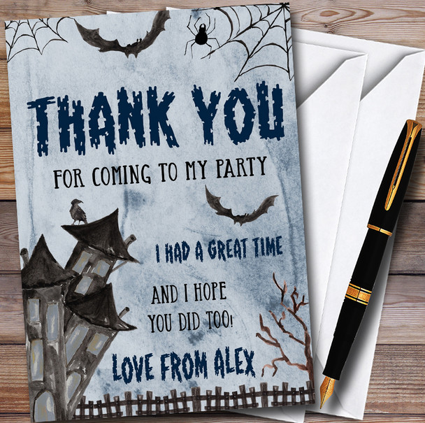 Vintage Haunted House Blue Customised Halloween Party Thank You Cards