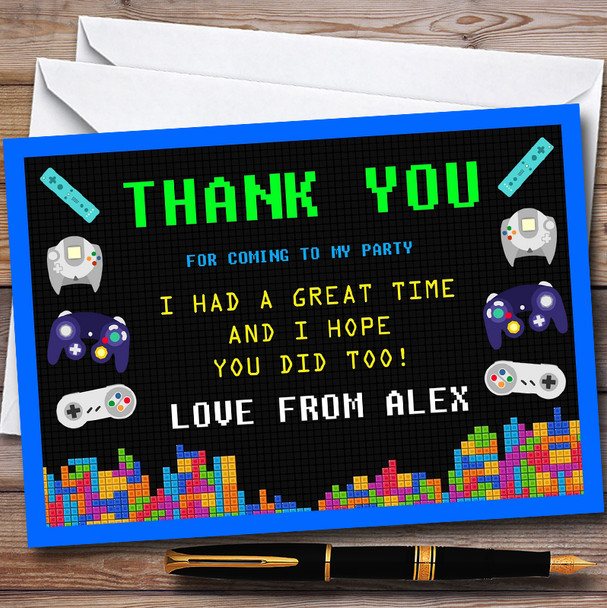 Video Gaming Blue Customised Children's Birthday Party Thank You Cards