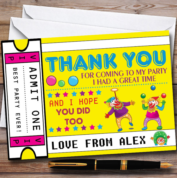 Clown Ticket Customised Children's Birthday Party Thank You Cards