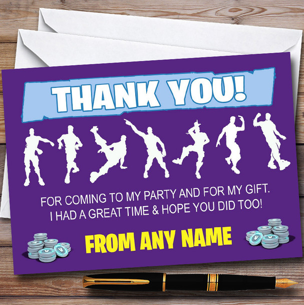 Purple Fortnite Dances Customised Children's Birthday Party Thank You Cards