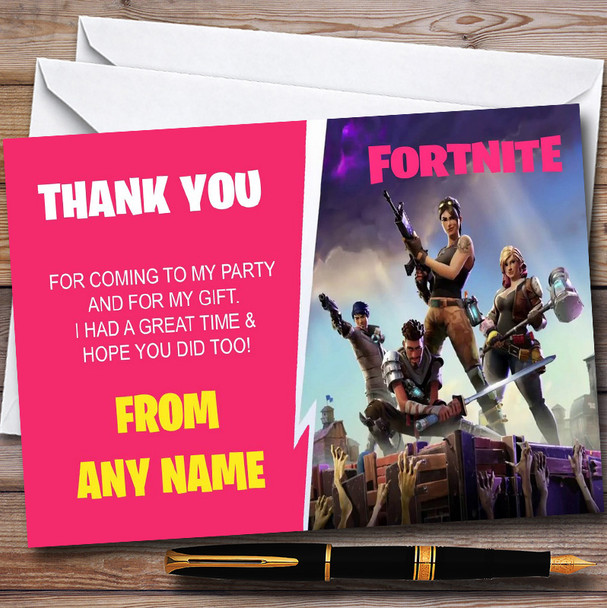 Purple Pink Girls Fortnite Customised Birthday Party Thank You Cards