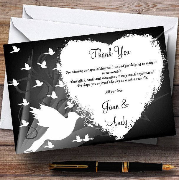 Black With White Doves Customised Wedding Thank You Cards