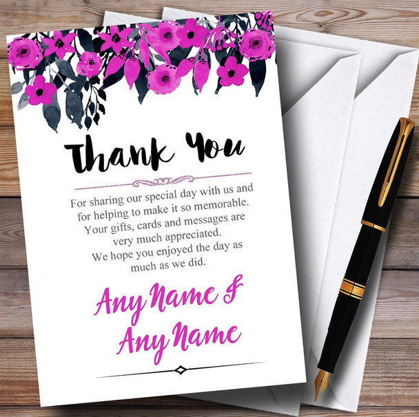Watercolour Black & Hot Pink Floral Header Wedding Thank You Cards