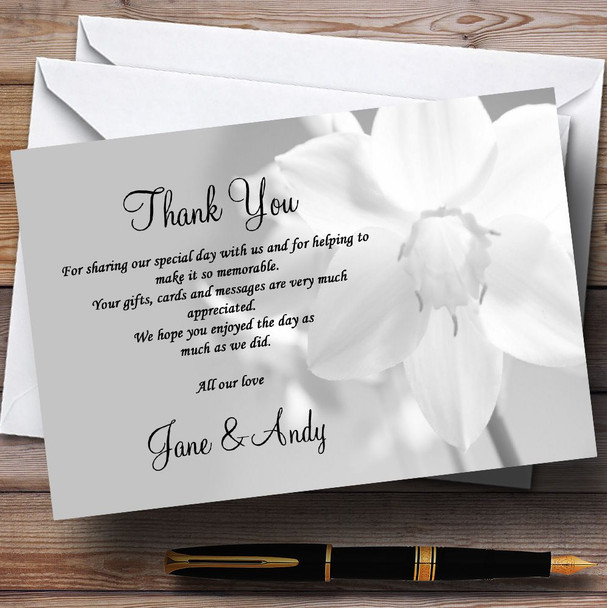 Grey White Daffodil Customised Wedding Thank You Cards