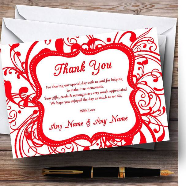 White & Red Swirl Deco Customised Wedding Thank You Cards