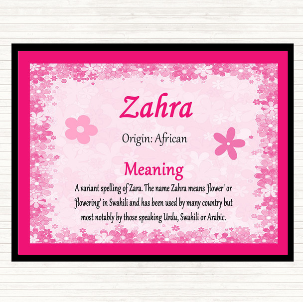 Zahra Name Meaning Placemat Pink