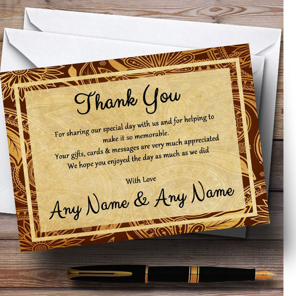 Vintage Brown Gold Postcard Style Customised Wedding Thank You Cards