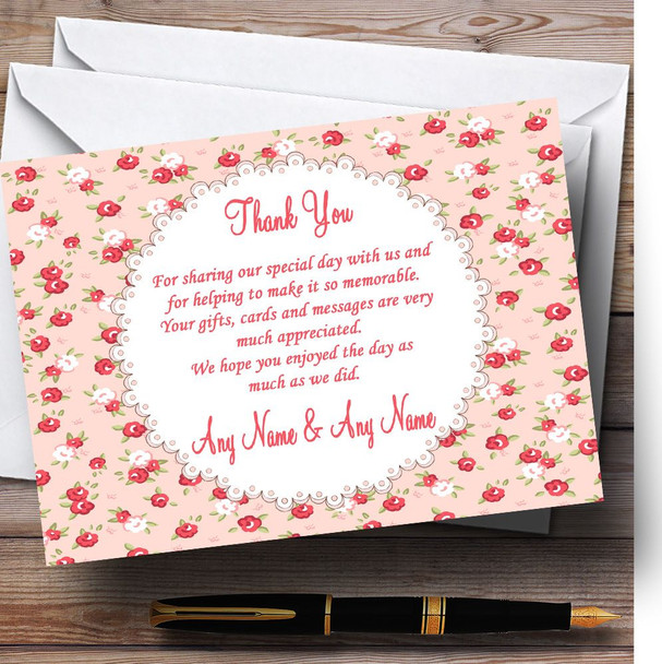 Red And Coral Pink Floral Shabby Chic Chintz Customised Wedding Thank You Cards