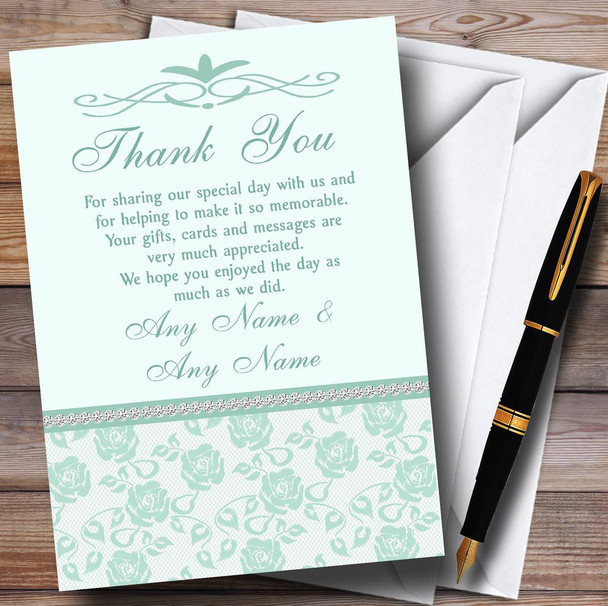 Pretty Mint Green & Sage Floral Diamante Customised Wedding Thank You Cards