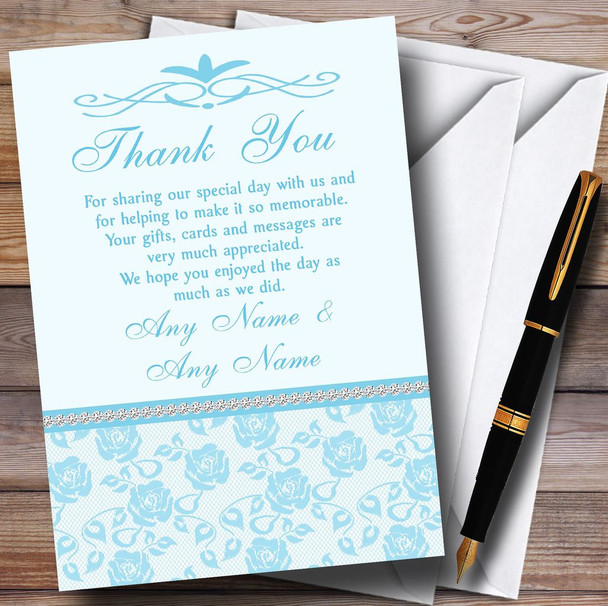Pretty Sky Blue Floral Diamante Customised Wedding Thank You Cards