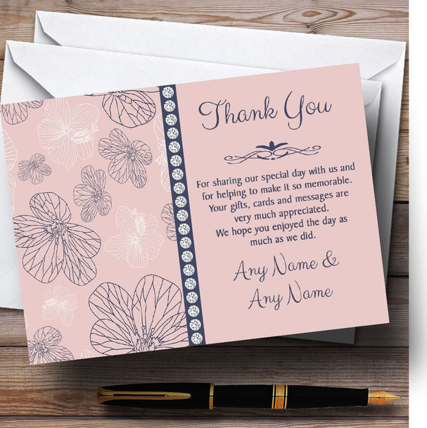 Dusty Coral Pink And Blue Floral Customised Wedding Thank You Cards