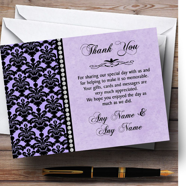 Lilac Purple Black Damask & Diamond Customised Wedding Thank You Cards