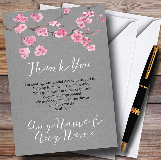 Rustic Vintage Dark Grey & Pink Blossom Customised Wedding Thank You Cards