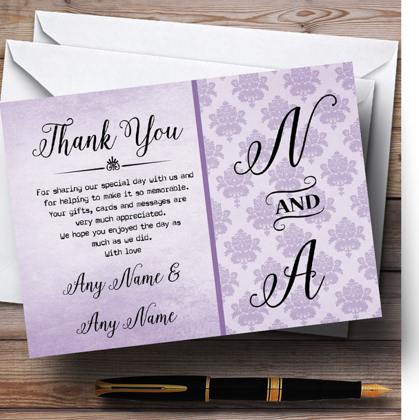 Vintage Damask Initials Lilac Purple Customised Wedding Thank You Cards