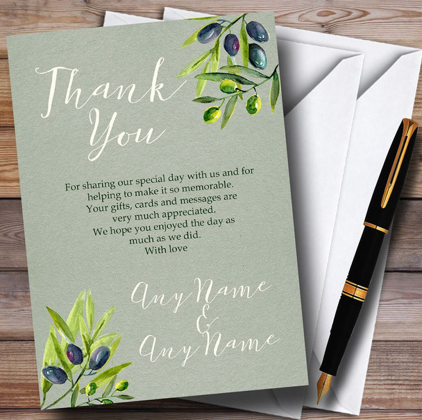 Rustic Vintage Watercolour Olive Customised Wedding Thank You Cards