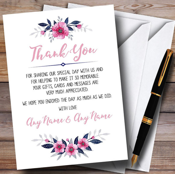 Navy Blue & Pink Subtle Floral Customised Wedding Thank You Cards