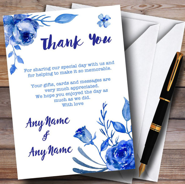 Blue & White Watercolour Floral Customised Wedding Thank You Cards