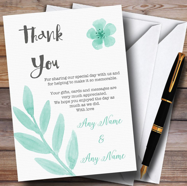 Watercolour Subtle Teal Mint Green Customised Wedding Thank You Cards