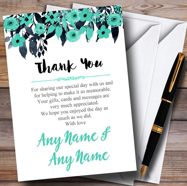 Watercolour Black & Aqua Green Floral Header Customised Thank You Cards