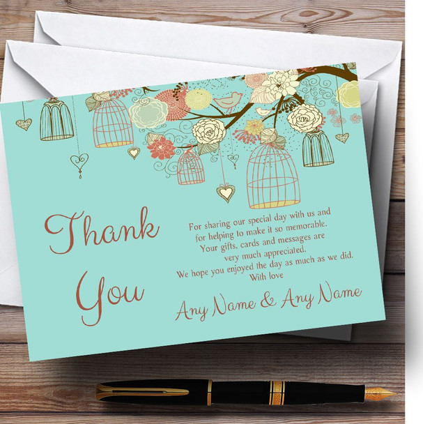 Vintage Shabby Chic Birdcage Turquoise Customised Wedding Thank You Cards