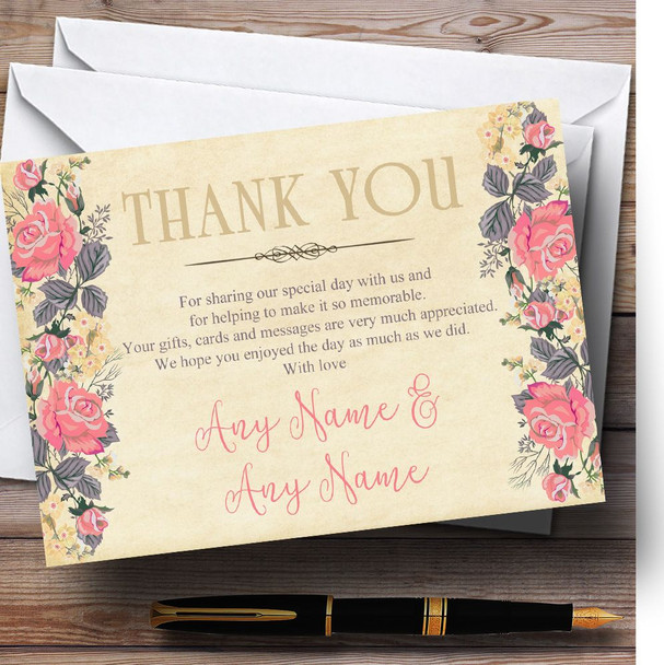 Vintage Coral Pink Rose Watercolour Customised Wedding Thank You Cards