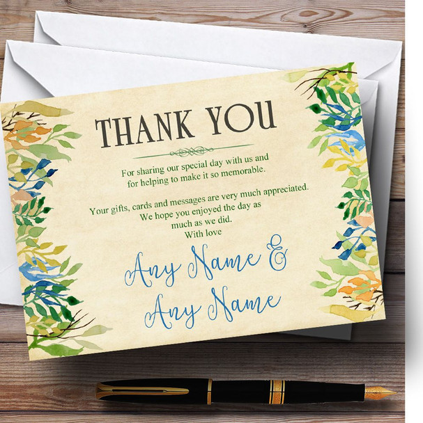 Vintage Autumn Leaves Watercolour Customised Wedding Thank You Cards