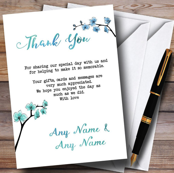 Blue & Green Cherry Blossom Watercolour Customised Wedding Thank You Cards