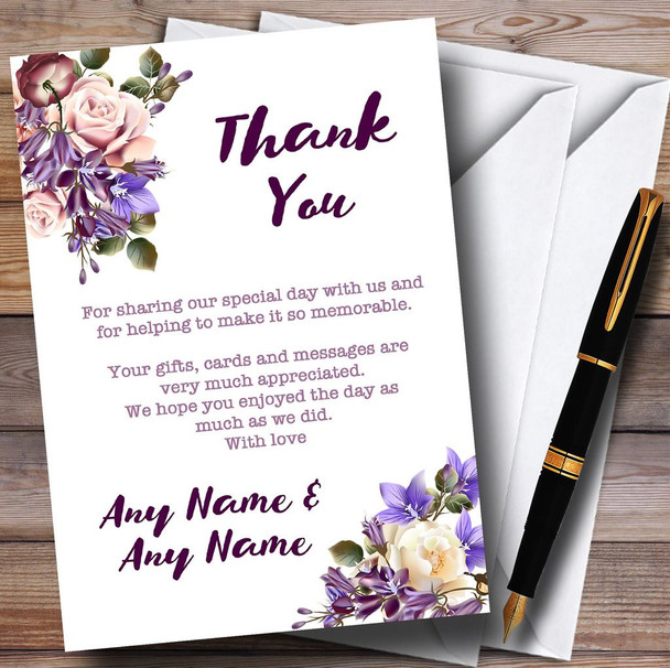 White Lilac & Blush Pink Watercolour Rose Customised Wedding Thank You Cards