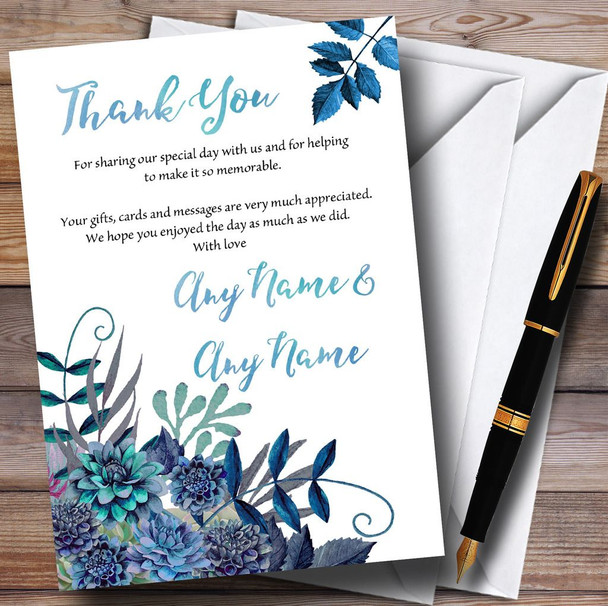 Aqua Green & Blue Watercolour Florals Customised Wedding Thank You Cards