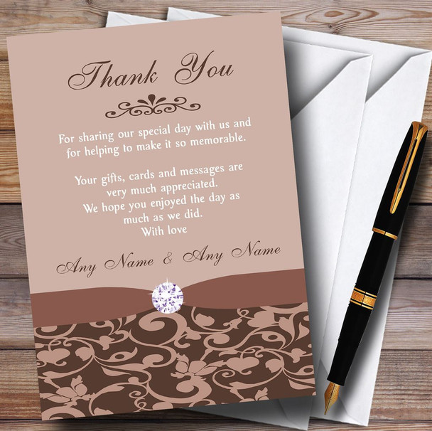 Brown And Fawn Vintage Floral Damask Diamante Customised Thank You Cards