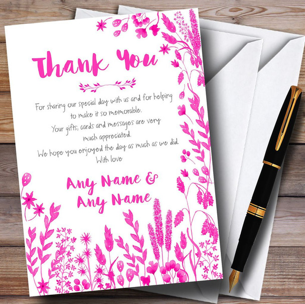 Hot Pink Autumn Leaves Watercolour Customised Wedding Thank You Cards