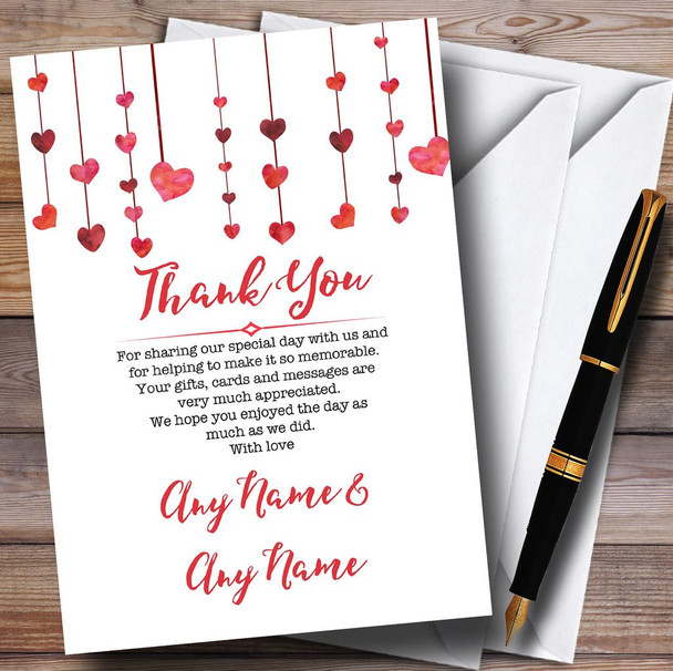 Red Watercolour Heart Drop Customised Wedding Thank You Cards