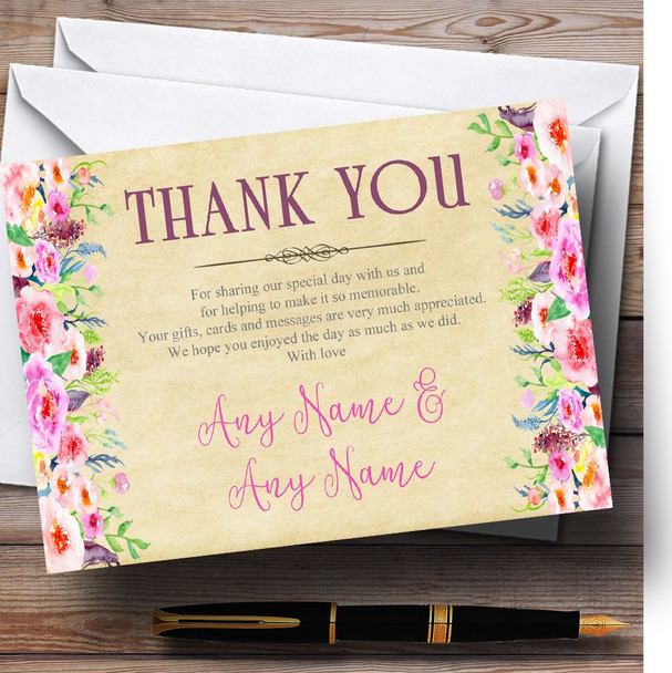 Vintage Pink Spring Flowers Watercolour Customised Wedding Thank You Cards