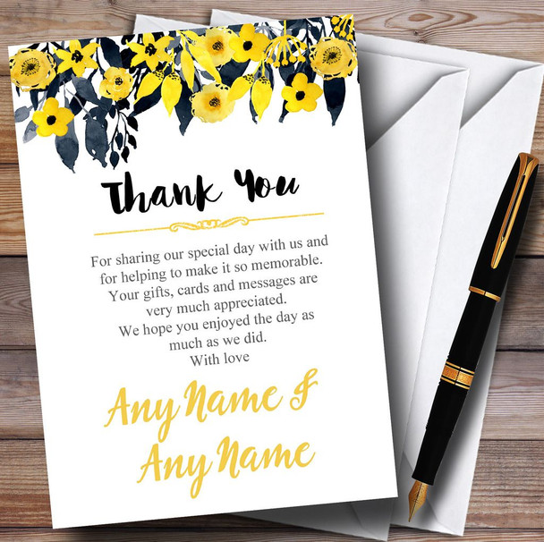 Watercolour Black & Yellow Floral Header Customised Wedding Thank You Cards