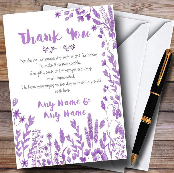 Dusty Purple Autumn Leaves Watercolour Customised Wedding Thank You Cards
