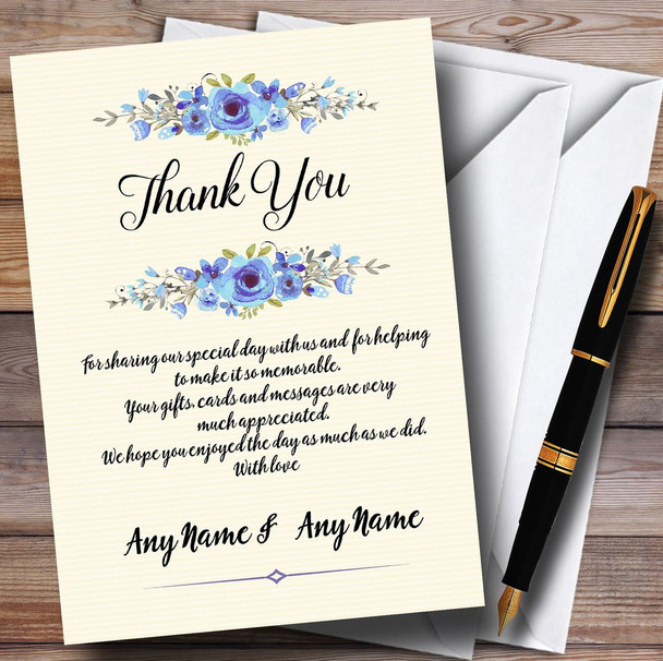 Watercolour Blue Floral Rustic Customised Wedding Thank You Cards