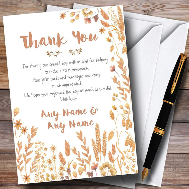 Golden Autumn Leaves Watercolour Customised Wedding Thank You Cards