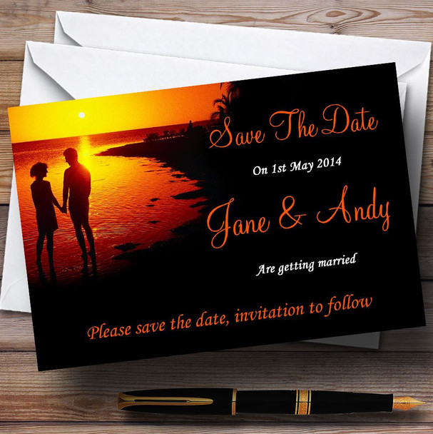 Couple On The Beach At Sunset Jetting Off Abroad Customised Wedding Save The Date Cards