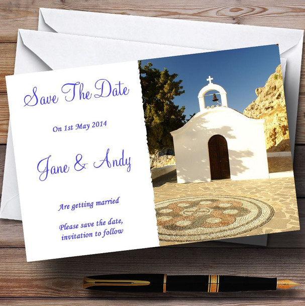 St Pauls Lindos Rhodes Jetting Off / Abroad Customised Wedding Save The Date Cards