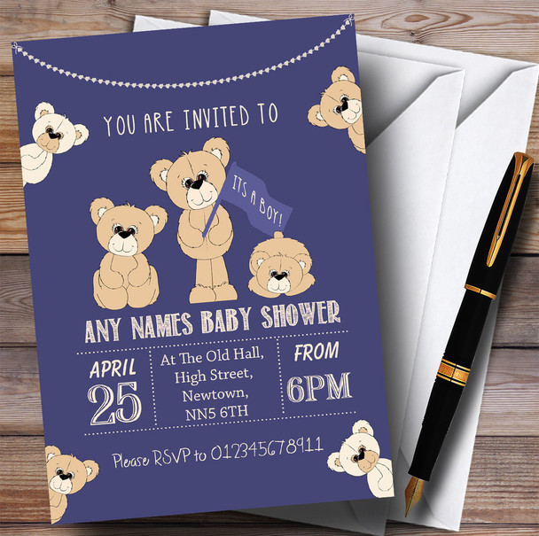 Cute Teddy Bears Blue Invitations Baby Shower Invitations