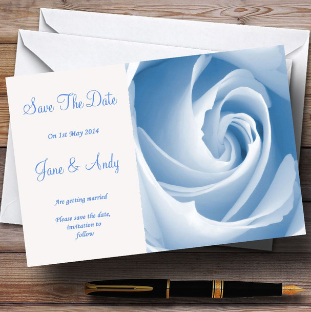 Baby Blue Pale Rose Customised Wedding Save The Date Cards