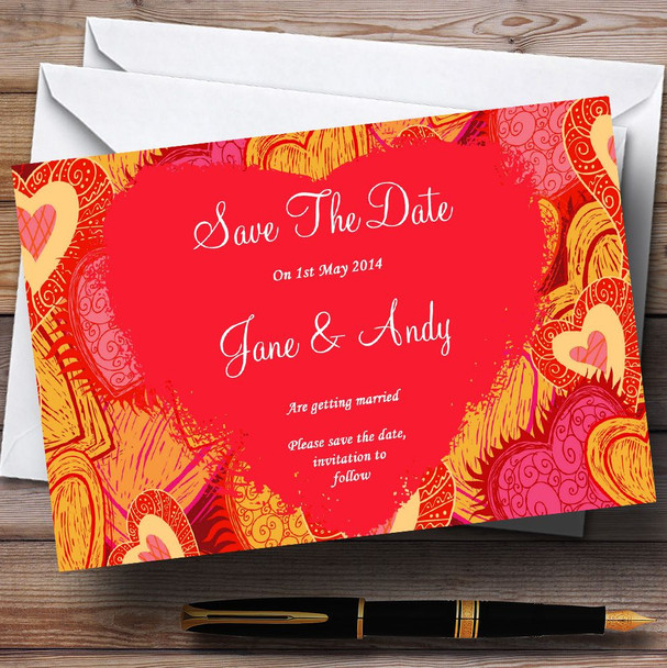 Orange Red And Pink Hearts Customised Wedding Save The Date Cards