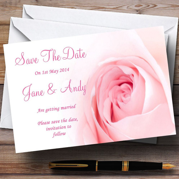 Stunning Pale Baby Pink Rose Customised Wedding Save The Date Cards