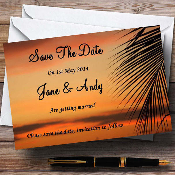 Palm Tree Sunset Jetting Off Abroad Customised Wedding Save The Date Cards